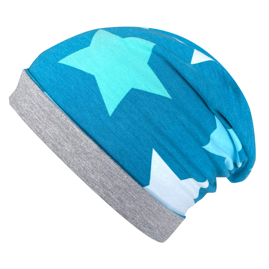 Wollhuhn Öko Long Beanie / Wendemütze in petrol mit großen Sternen, zweilagig, aus weichem Baumwolljersey, für ganzjähriges Tragen, ideal für Kinder und Jugendliche.