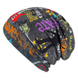 Wollhuhn Öko Long Beanie mit buntem Graffiti, zweilagig und wendbar, handgefertigt aus weichem Jersey, ideal für Kinder, hält warm und sitzt bequem.