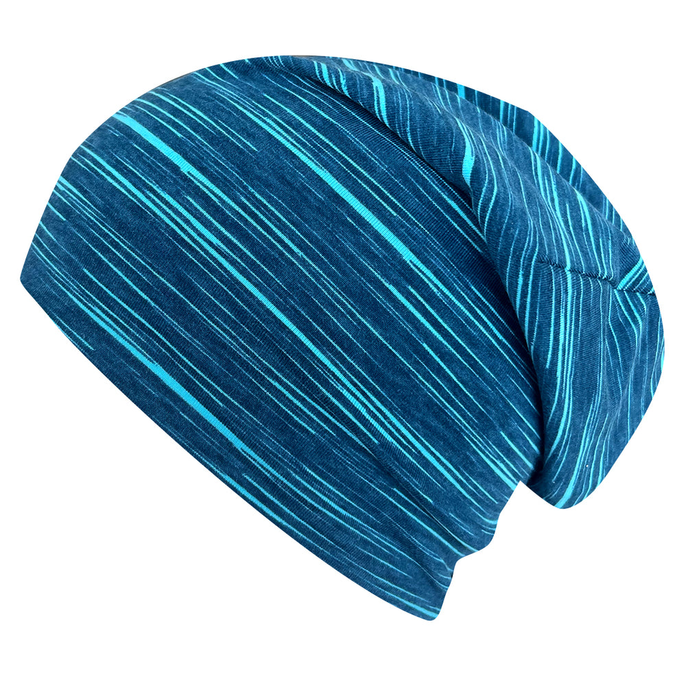 Wollhuhn Öko Long Beanie / Wendemütze: Bequeme, zweilagige Mütze aus blau-weiß gestreiftem Baumwolljersey, ideal für Kinder, handgefertigt in Deutschland.