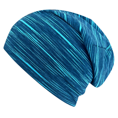 Wollhuhn Öko Long Beanie / Wendemütze: Bequeme, zweilagige Mütze aus blau-weiß gestreiftem Baumwolljersey, ideal für Kinder, handgefertigt in Deutschland.
