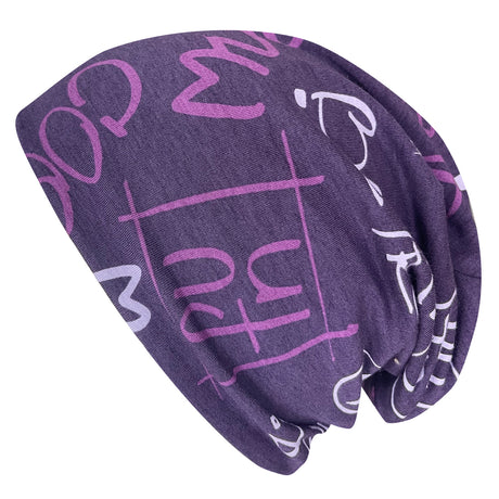 Wollhuhn Öko Long Beanie / Wendemütze, zweilagig, aus violettem Baumwolljersey mit weißem Schriftzug, bequem und dehnbar, ideal für Kinder und Jugendliche.