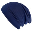 Wollhuhn Öko Long Beanie, zweilagig und wendbar, aus weichem Jersey, dunkelblau. Handgenäht, formbeständig, ideal für Kinder, hält warm und sitzt locker.