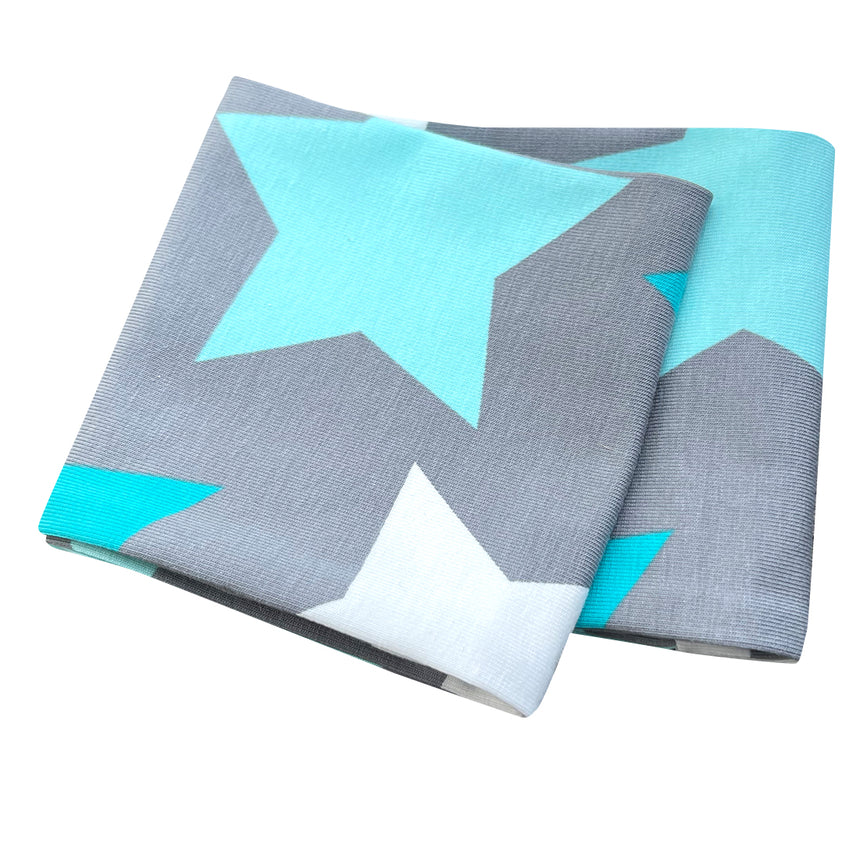 Wollhuhn Elastisches Öko Stirnband/Haarband aus Jersey, zweilagig, breit, mit großen Sternen in Grau/Mint, handgemacht, weich und dehnbar.