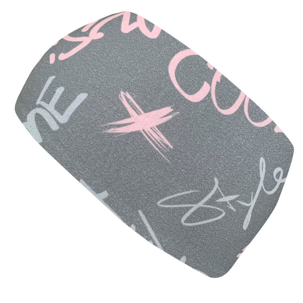 Wollhuhn Elastisches Öko Stirnband/Haarband Jersey Zweilagig Breit Cool Music Grau/Rosa, handgemacht, weich, dehnbar, ideal für Sport und Freizeitaktivitäten.