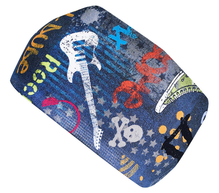 Wollhuhn Elastisches Öko Stirnband / Haarband Jersey Zweilagig Breit Cool Stuff Jeansblau mit Gitarrenmotiv, handgemacht aus weicher Öko-Baumwolle, ideal für Alltag und Sport.