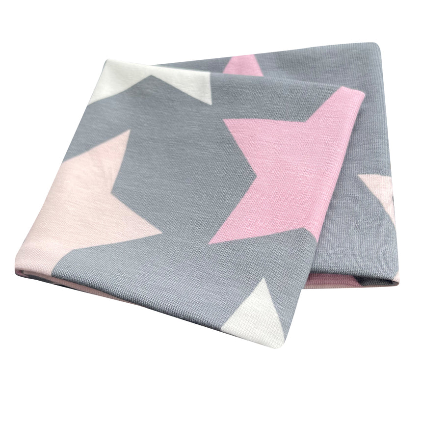 Wollhuhn Elastisches Öko Stirnband/Haarband Jersey Zweilagig Breit Big Stars Grau/Rosa, handgemachte Bio-Baumwolle mit Sternmuster, weich und dehnbar, ideal für Alltag und Sport.