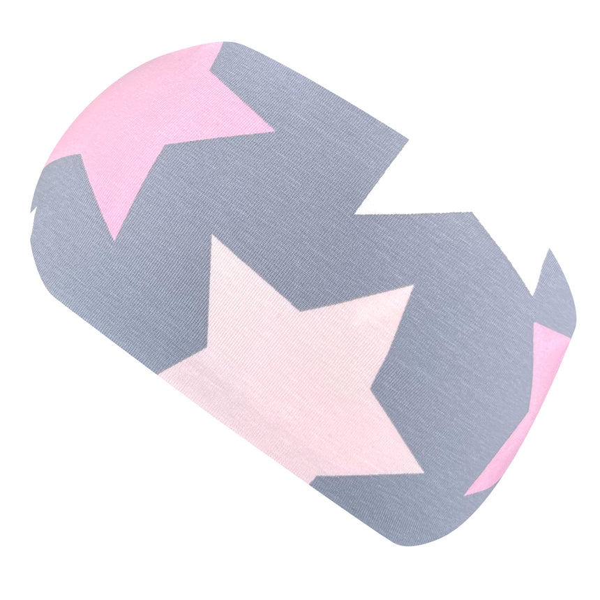 Wollhuhn Elastisches Öko Stirnband/Haarband Jersey Zweilagig Breit Big Stars Grau/Rosa, handgemacht, mit rosa-grauen Sternen, ideal für Alltag und Sport.