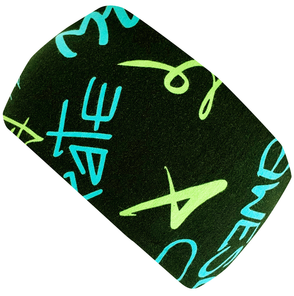 Wollhuhn Elastisches Öko Stirnband/Haarband Jersey, zweilagig, breit, mit Cool Music Design, ideal für Kinder und Erwachsene, handgemacht aus Bio-Baumwolle.