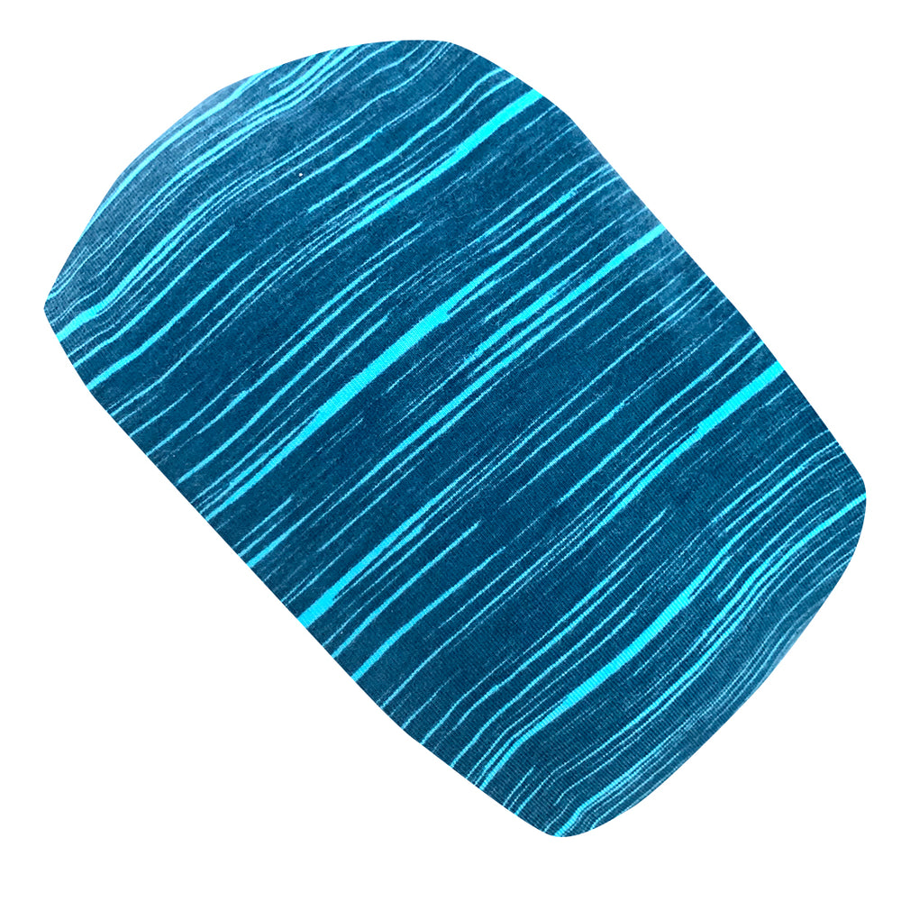 Wollhuhn Elastisches Öko Stirnband: Handgemachtes, doppellagiges, blau-weiß gestreiftes Jersey-Stirnband aus Bio-Baumwolle, vielseitig tragbar, ideal für Sport und Alltag.