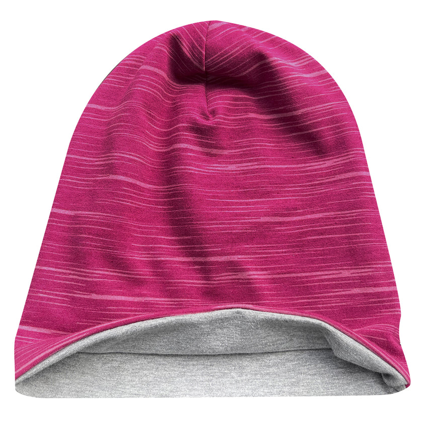 Wollhuhn Öko Long Beanie / Wendemütze, zweilagig, aus weichem Baumwolljersey, pink-graues Design, ideal für Übergang und Winter, bequem und formbeständig.