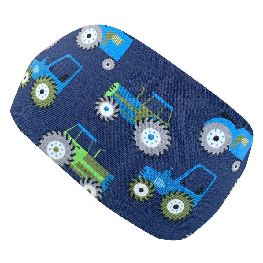 Wollhuhn Elastisches Öko Stirnband, dunkelblau mit Traktor-Design, handgemacht, aus weichem, dehnbarem Bio-Jersey, für Kinder und Erwachsene geeignet.
