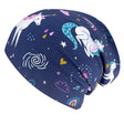 Wollhuhn Öko Long Beanie, wendbar, dunkelblau mit Einhorn- und Sternenmuster, aus weichem, zweilagigem Baumwolljersey für ganzjährigen, bequemen Tragekomfort.