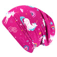Wollhuhn Öko Long Beanie, zweilagig, mit Einhorn- und Sternmotiv auf pinkem Baumwolljersey, wendbar mit grauer Innenseite, ideal für Kinder, bequem und formbeständig.