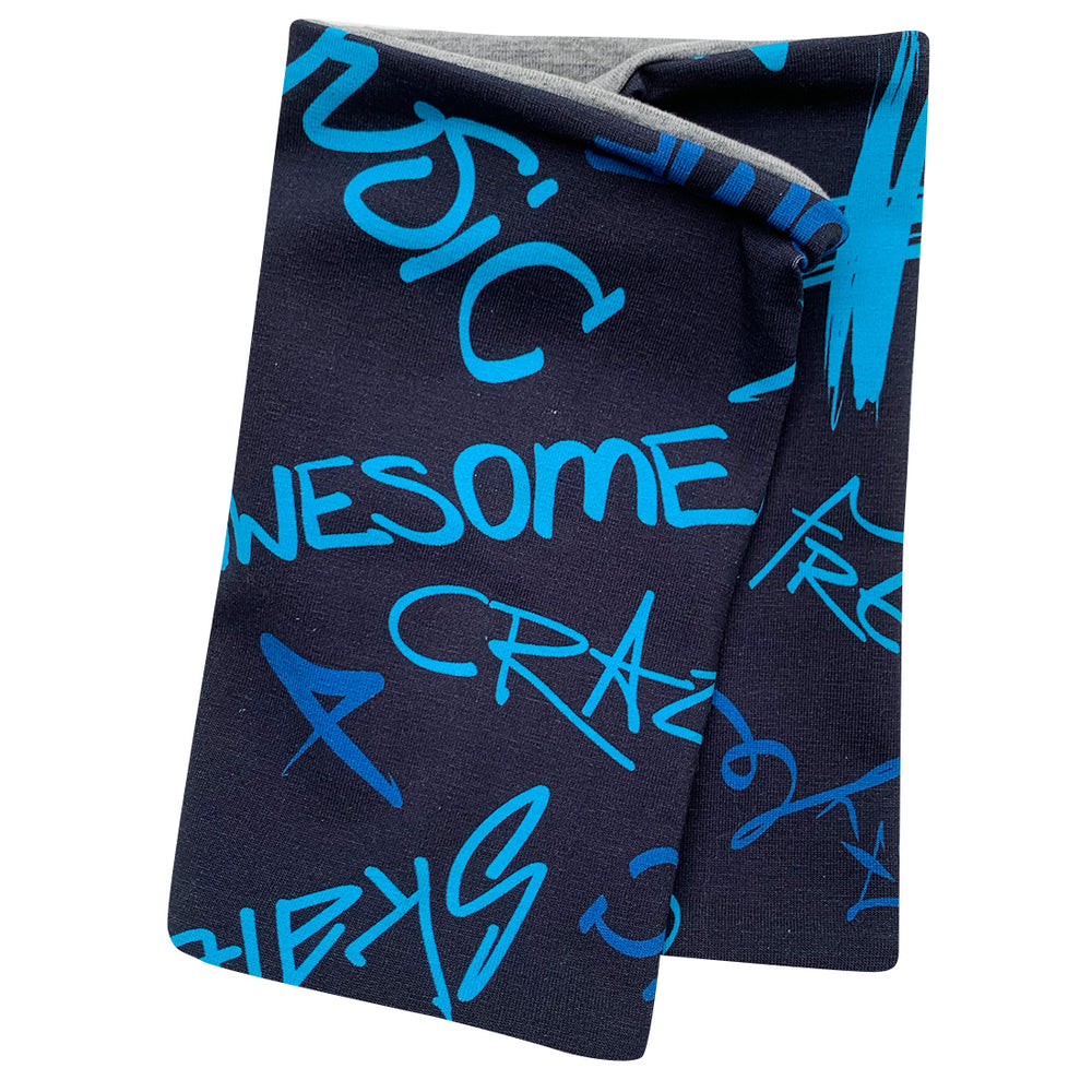 Wollhuhn Leichtes Lockeres Öko Jersey Halstuch/Schlupfschal Cool Music Blau, handgemacht, weicher Stoff mit Schriftmuster, ideal für Übergangszeiten und Kinder, einfach anzuziehen.