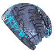 Handgemachte, blaue Wollhuhn Öko Long Beanie mit schwarzem Text, zweilagig, wendbar und lässig geschnitten für einen coolen Slouch-Look. Ideal für Kinder und Jugendliche.