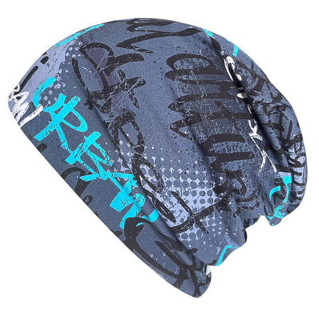 Handgemachte, blaue Wollhuhn Öko Long Beanie mit schwarzem Text, zweilagig, wendbar und lässig geschnitten für einen coolen Slouch-Look. Ideal für Kinder und Jugendliche.