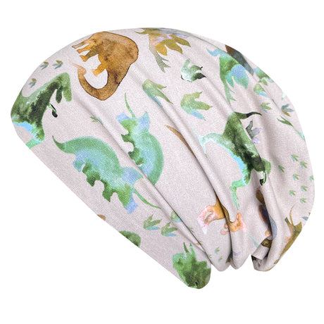 Wollhuhn Öko Long Beanie mit grün-braunem Dino-Muster, aus weichem, zweilagigem Baumwolljersey, wendbar, für ganzjähriges Tragen, handgefertigt in Deutschland.