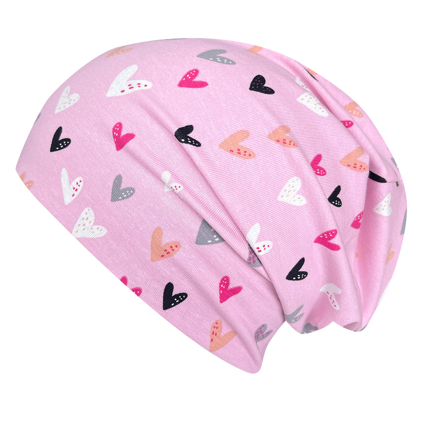 Wollhuhn Öko Long Beanie, zweilagig, rosa mit Herzen. Wendemütze aus weichem Baumwolljersey, ideal für Kinder, formbeständig und pflegeleicht, ganzjährig tragbar.
