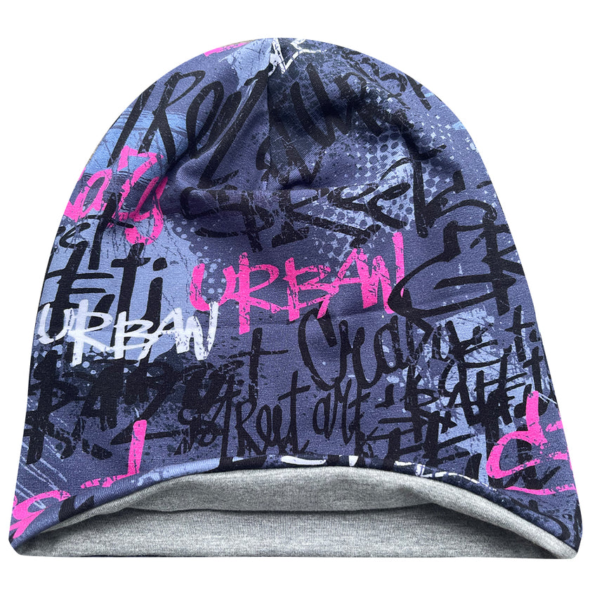 Wollhuhn Öko Long Beanie / Wendemütze, zweilagig, mit Graffiti-Design, aus weichem Baumwolljersey, formbeständig, für Kinder und Jugendliche, handgefertigt in Deutschland.
