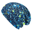 Wollhuhn Öko Long Beanie, zweilagig mit blau-gelbem Splatter-Design. Handgefertigt, weich, wendbar, ideal für Kinder. Lässiger Sitz, ganzjährig tragbar.
