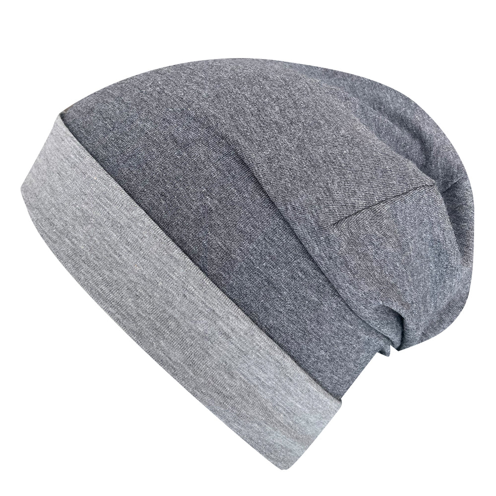 Wollhuhn Öko Long Beanie, zweilagig, mittelgrau. Weiche, dehnbare Jersey-Mütze, ganzjährig tragbar, handgefertigt in Deutschland, ideal für Kinder und Jugendliche.