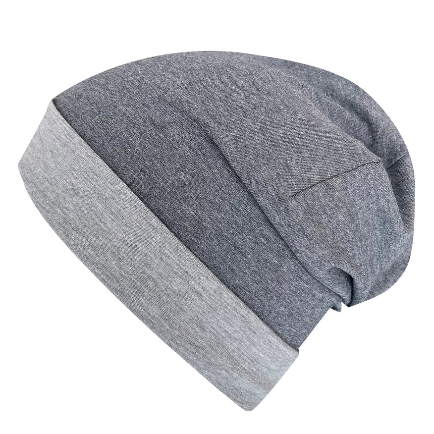 Wollhuhn Öko Long Beanie, zweilagig, mittelgrau. Weiche, dehnbare Jersey-Mütze, ganzjährig tragbar, handgefertigt in Deutschland, ideal für Kinder und Jugendliche.