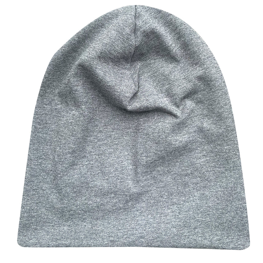 Wollhuhn Öko Long Beanie, zweilagige graue Wendemütze, aus weichem Jersey, handgefertigt, ideal für ganzjähriges Tragen, angenehm und dehnbar, für Kinder und Jugendliche.