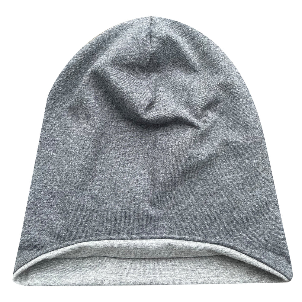 Wollhuhn Öko Long Beanie, zweilagig, mittellang, aus weichem Baumwolljersey, ideal für Kinder; wendbar, einfarbig mittelgrau, handgefertigt in Deutschland.