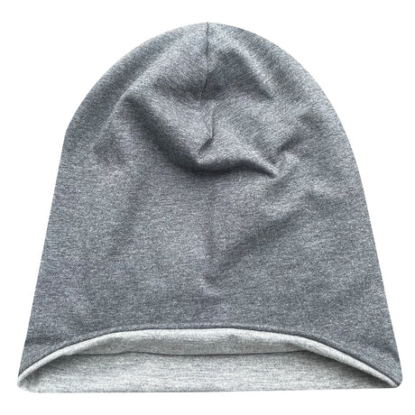 Wollhuhn Öko Long Beanie, zweilagig, mittellang, aus weichem Baumwolljersey, ideal für Kinder; wendbar, einfarbig mittelgrau, handgefertigt in Deutschland.