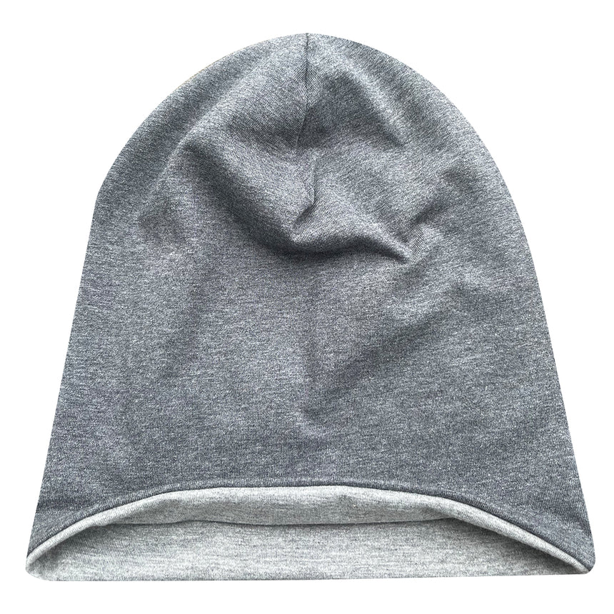 Wollhuhn Öko Long Beanie, zweilagig, mittellang, aus weichem Baumwolljersey, ideal für Kinder; wendbar, einfarbig mittelgrau, handgefertigt in Deutschland.