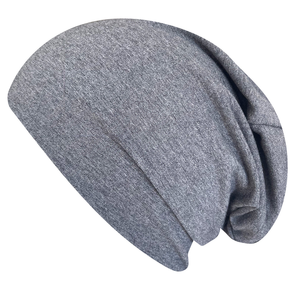 Wollhuhn Öko Long Beanie, zweilagig und wendbar, aus weichem Baumwolljersey. Handgemacht in Deutschland, ideal für ganzjährigen Tragekomfort und Kinderfreundlichkeit.