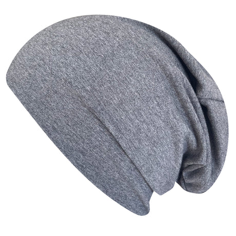 Wollhuhn Öko Long Beanie, zweilagig und wendbar, aus weichem Baumwolljersey. Handgemacht in Deutschland, ideal für ganzjährigen Tragekomfort und Kinderfreundlichkeit.
