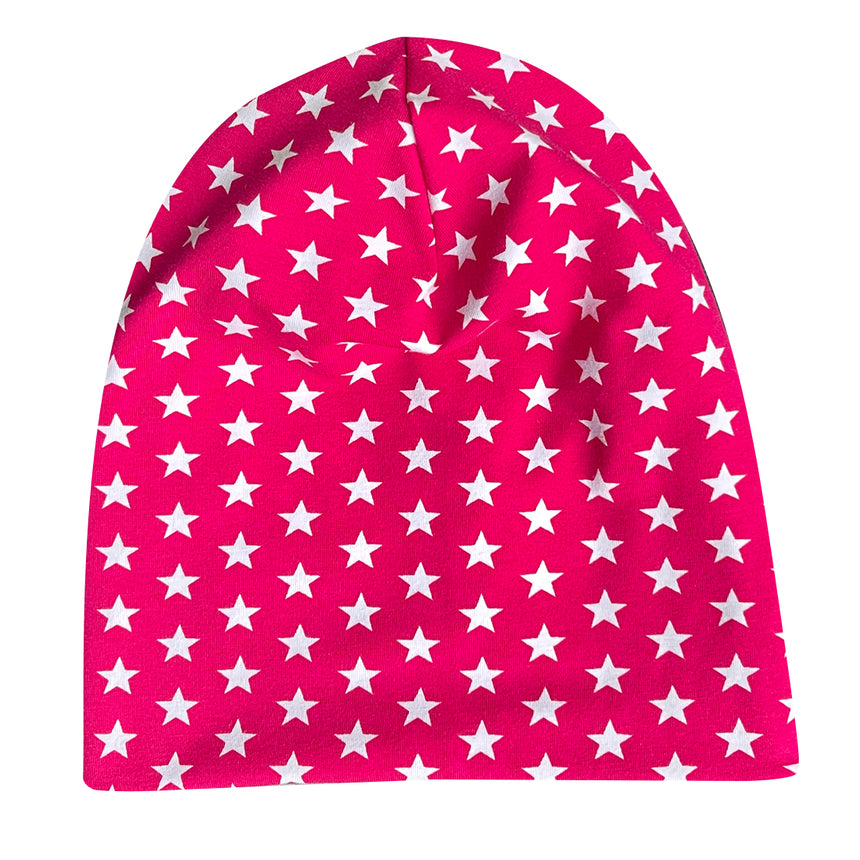 Wollhuhn Öko Long Beanie / Wendemütze, zweilagig, pink mit weißen Sternen, aus weichem Baumwolljersey, ideal für Kinder und Jugendliche, bequem und formbeständig.