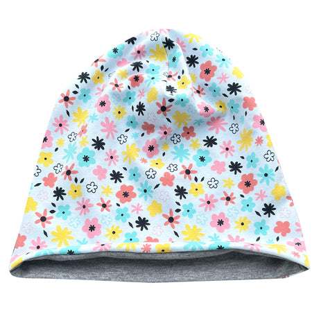Wollhuhn Öko Long Beanie / Wendemütze, zweilagig, mit floralem Muster in Pastelltönen. Handgefertigt, weich, formbeständig, ideal für Kinder, wendbar mit grauer Innenseite.