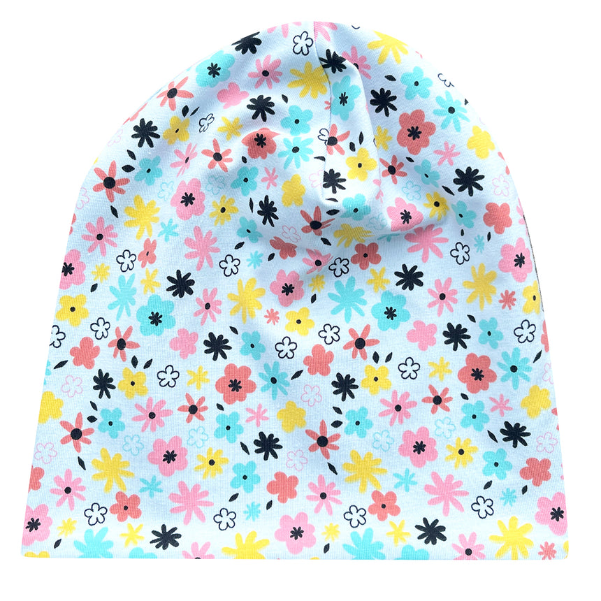 Wollhuhn Öko Long Beanie / Wendemütze, zweilagig, mit Blümchenmuster. Handgefertigt aus weichem Öko-Jersey, ideal für Kinder, ganzjährig tragbar und wendbar.