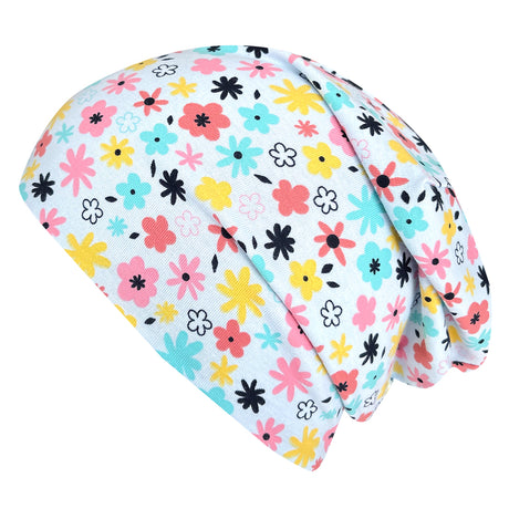 Wollhuhn Öko Long Beanie: Zweilagige, wendbare Mütze mit floralem Muster, aus weichem Baumwolljersey. Länger geschnitten, ideal für das ganze Jahr.