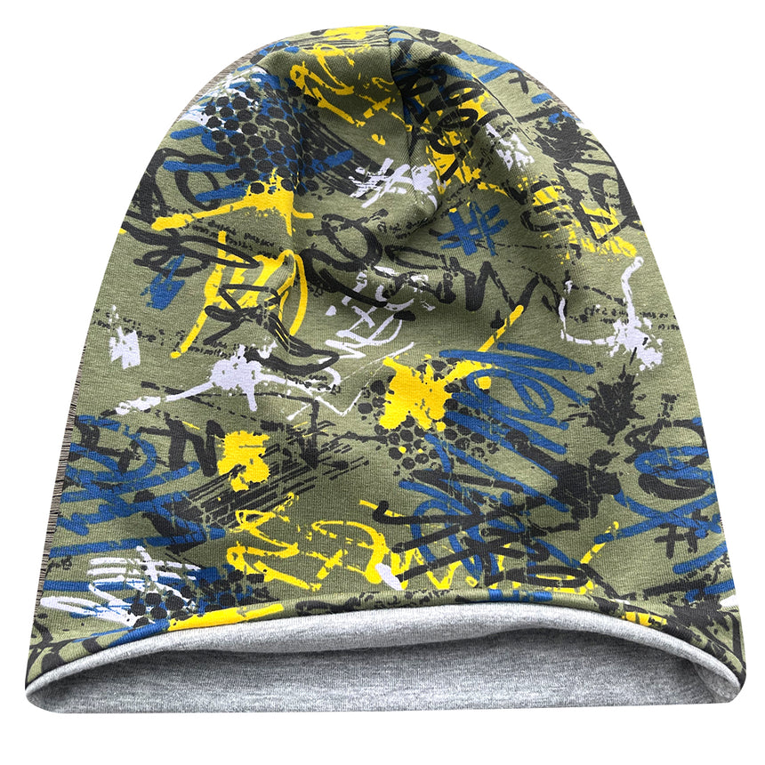 Wollhuhn Öko Long Beanie/Graffiti Khaki/Gelb mit zweilagigem Jersey, coolem Graffiti-Design, ideal für ganzjähriges Tragen, wendbar und super bequem.