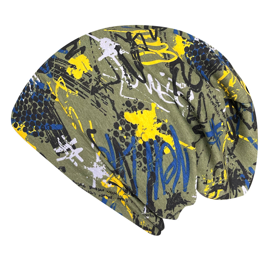 Wollhuhn Öko Long Beanie, zweilagig, mit Graffiti-Design in Khaki/Gelb, aus weichem Baumwolljersey, bequem und wendbar, ideal für das ganze Jahr.