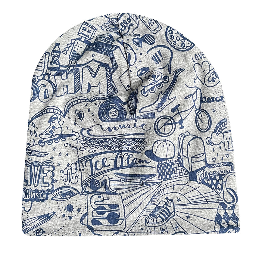 Wollhuhn Öko Long Beanie mit Zeichnungen, zweilagig und wendbar, aus weichem Baumwolljersey, ideal für ganzjähriges Tragen und bequem für Kinder.