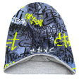 Wollhuhn Öko Long Beanie mit Graffiti-Design, aus weichem Baumwolljersey, zweilagig, für ganzjährigen Gebrauch. Handgefertigt in Deutschland, ideal für Kinder und Jugendliche.