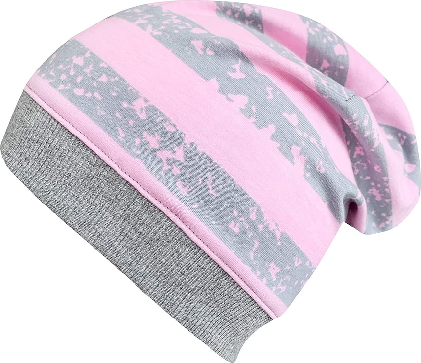 Wollhuhn Dünne Öko Beanie-Mütze Sommer/Übergang, einlagig, handgemacht, grau/rosa gestreift, ideal für Kinder, elastisch und bequem für jede Aktivität.