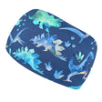 Wollhuhn Elastisches Öko Stirnband: Zweilagig, mit blauen Dinosaurier-Motiven, handgemacht aus weicher Bio-Baumwolle, ideal für vielseitige Outdoor-Aktivitäten.