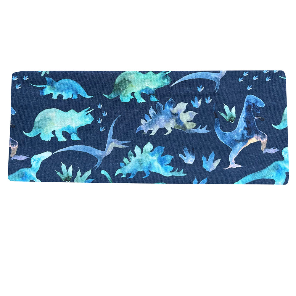 Wollhuhn Elastisches Öko Stirnband mit Dino-Design in Blautönen, handgefertigt aus weichem, dehnbarem Jersey für vielseitigen Tragekomfort bei Aktivitäten.
