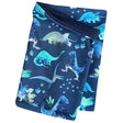 Wollhuhn Leichtes Öko Jersey Halstuch Dinos Blau, handgemachter Schlupfschal mit blauem Dinosauriermuster auf hochwertigem Jersey, ideal für Kinder in Übergangsjahreszeiten.
