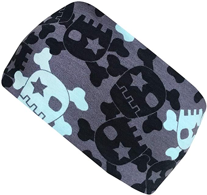 Wollhuhn Elastisches Öko Stirnband mit Totenkopf-Muster, aus weichem Jersey, handgefertigt in Deutschland, ideal für vielfältige Aktivitäten und bequem tragbar.