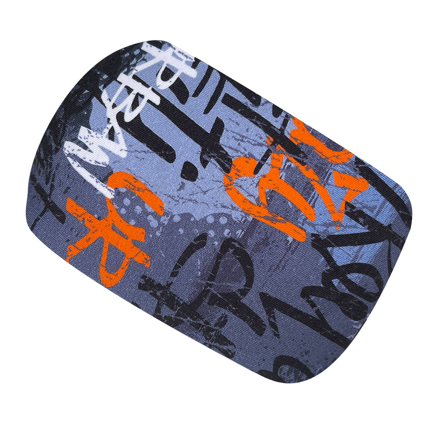 Nahaufnahme des Wollhuhn Elastisches Öko Stirnband, Jersey zweilagig, breit, ideal für Sport und Alltag, handgemacht in Deutschland aus weicher Bio-Baumwolle.