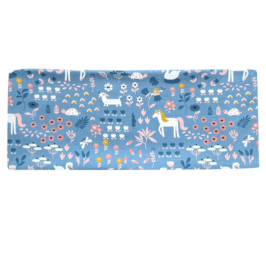 Wollhuhn Elastisches Öko Stirnband Jersey mit Tier- und Blumenmuster, zweilagig, aus Bio-Baumwolle, handgemacht in Deutschland, ideal für Kinder und Erwachsene.
