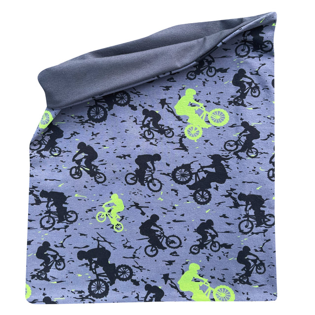 Wollhuhn LONG Loop, Anthrazit/Lime, mit Mountainbike-Muster. Handgemachter, weicher Wendeschal, ideal für Windschutz und Komfort, geeignet für Kinder und Erwachsene.