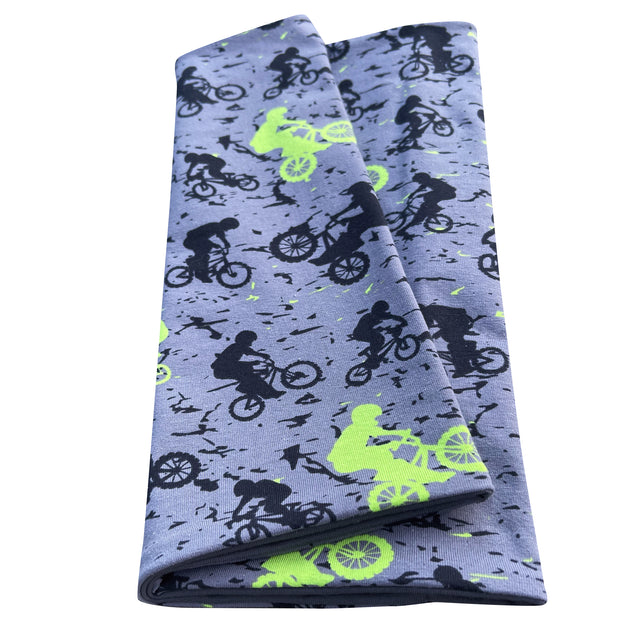 Wollhuhn LONG Loop, Jersey- oder Fleecefutter, Mountainbike Anthrazit/Lime: Handgemachter, langer Schal mit Fahrradmotiv, ideal für Komfort und Schutz bei Freizeitaktivitäten.