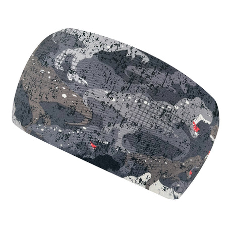 Wollhuhn Elastisches Öko Stirnband / Haarband Jersey Zweilagig Breit Dino Camouflage Grau zeigt ein dehnbares Stirnband mit Dinosaurier-Silhouetten-Muster, ideal für Sport und Alltag.